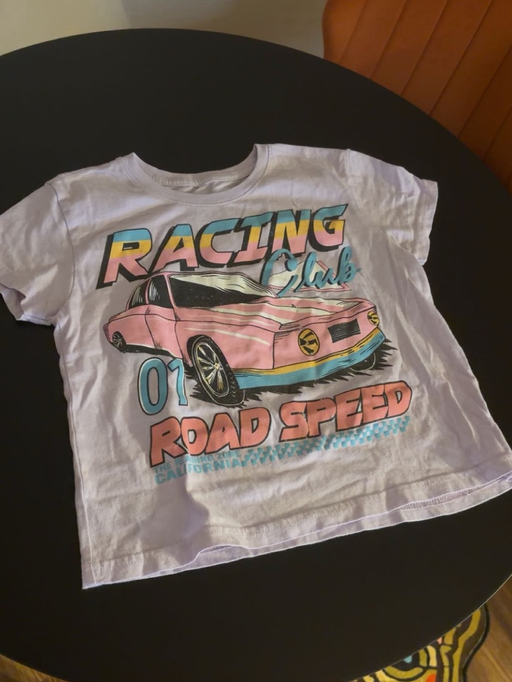 Sugar Lilac Tee with Pink & Teal Racing Car Graphic